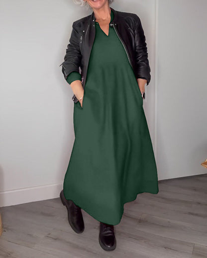 Blandine | Robe Midi Élégante avec Col en V et Manches Longues