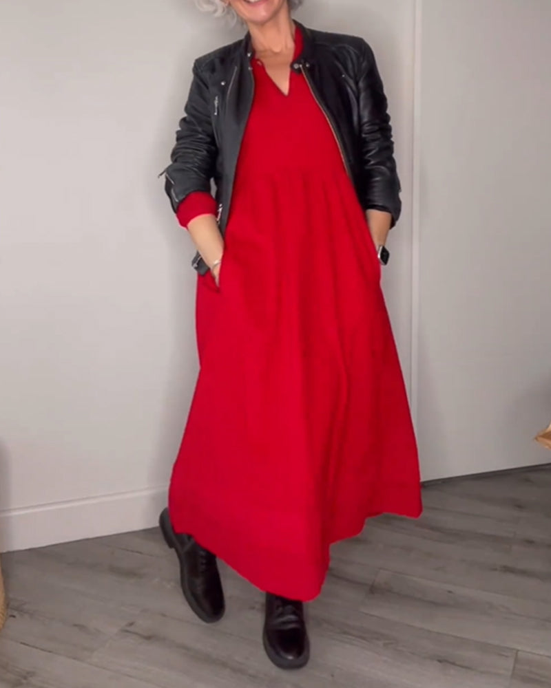 Blandine | Robe Midi Élégante avec Col en V et Manches Longues